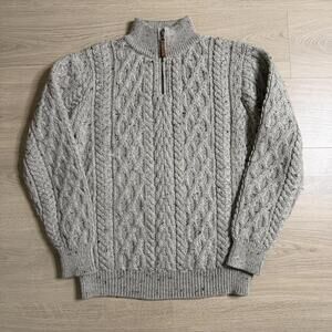 The Irish Store 1/4 Zip Merino Wool Cable Knit Sweater Mens Medium Cream White